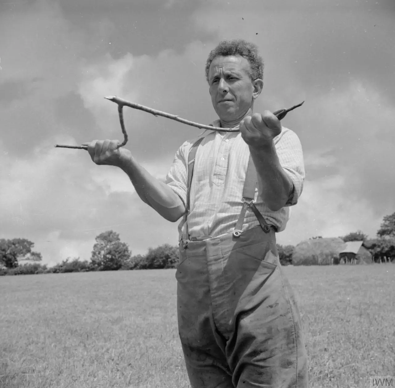 Black-and-white 1942 photograph of George Casely holding a forked hazel dowsing branch in a field in Devon, England