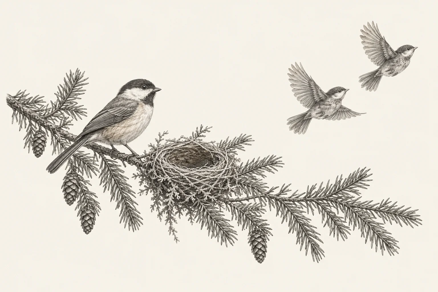 Graphite field-guide drawing of a bird beside an empty nest as two young birds fly away