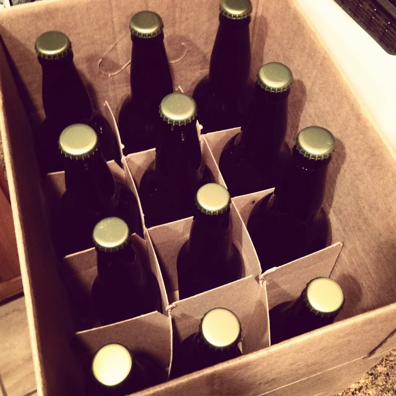 Capped brown bottles of homebrewed beer in a cardboard case