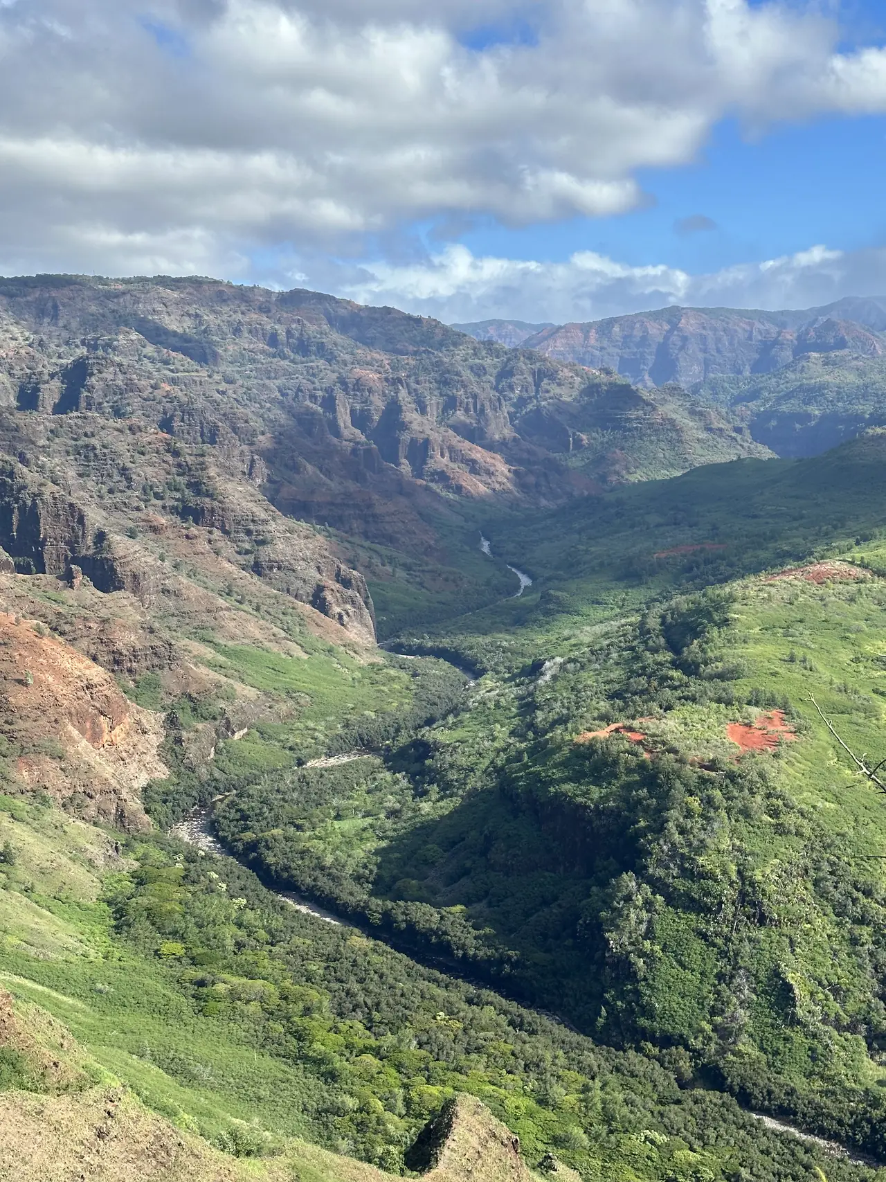 The red and green walls of Waimea Canyon on Kauai under a partly cloudy sky