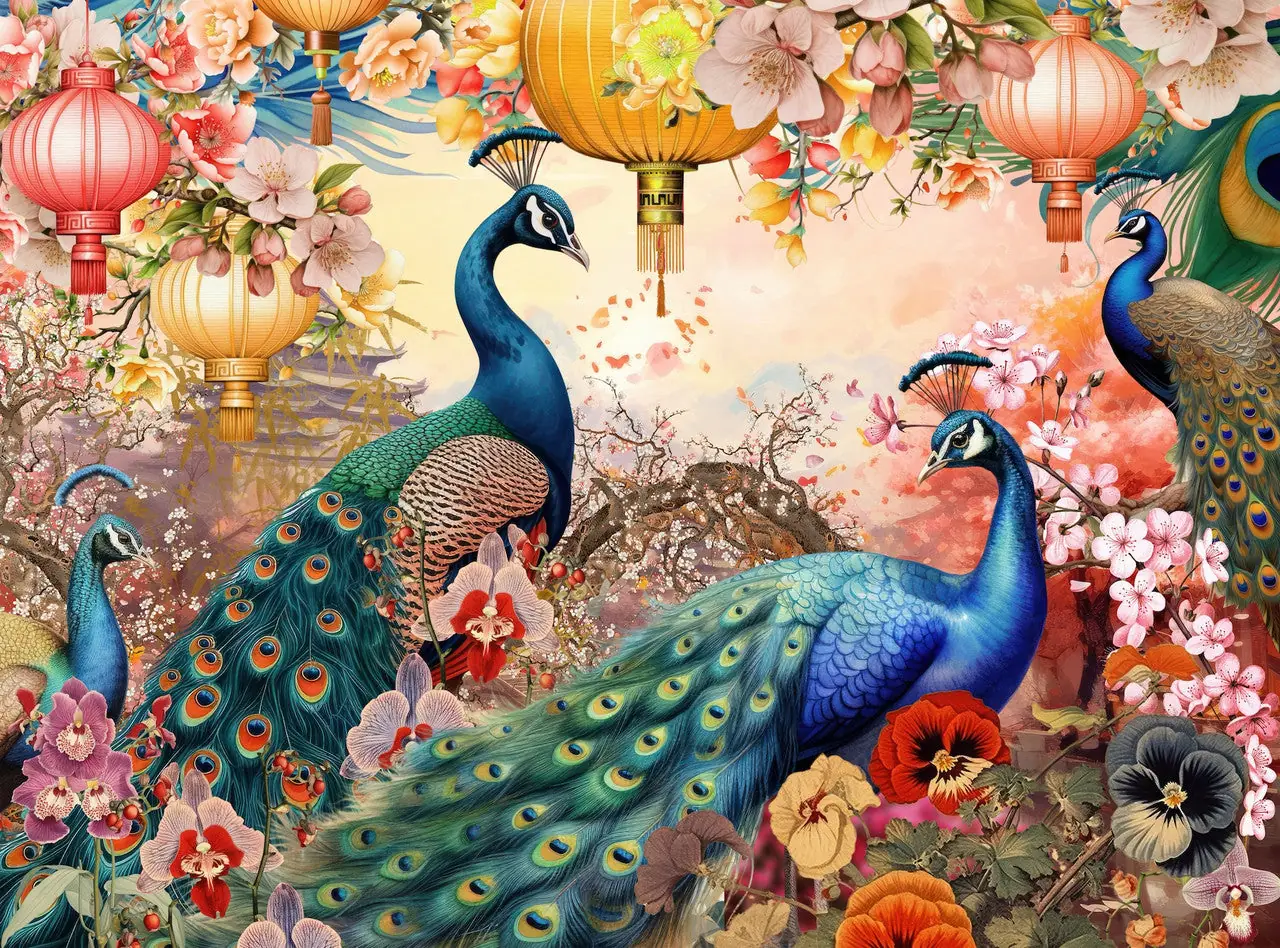 The Perfect Peacocks puzzle image with colorful peacocks and flowers