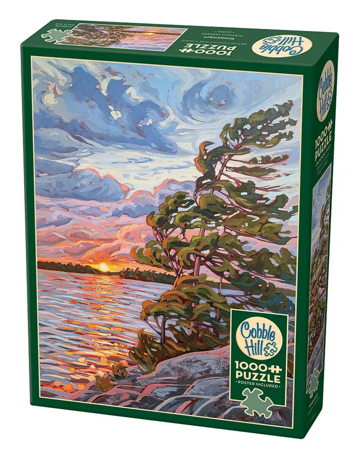 Cobble Hill Windswept puzzle box with pines leaning above a sunset bay