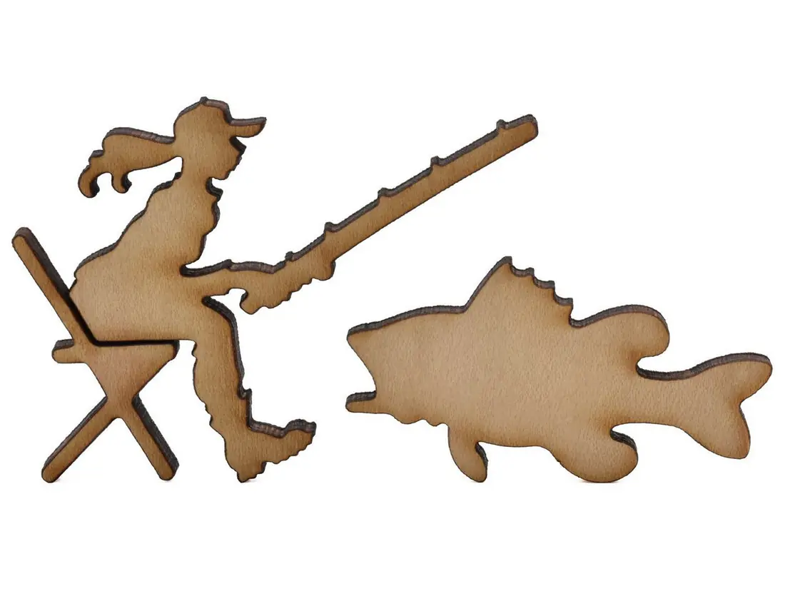 Two wooden whimsy pieces from the Gold Creek puzzle shaped like a person fishing and a fish