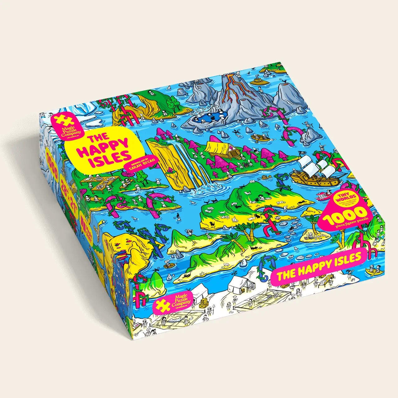 Magic Puzzle Company The Happy Isles illustrated puzzle box shown at an angle