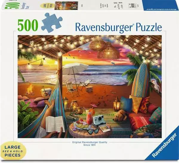 The Cozy Cabana 500-piece Large Format puzzle box with a beach cabana scene