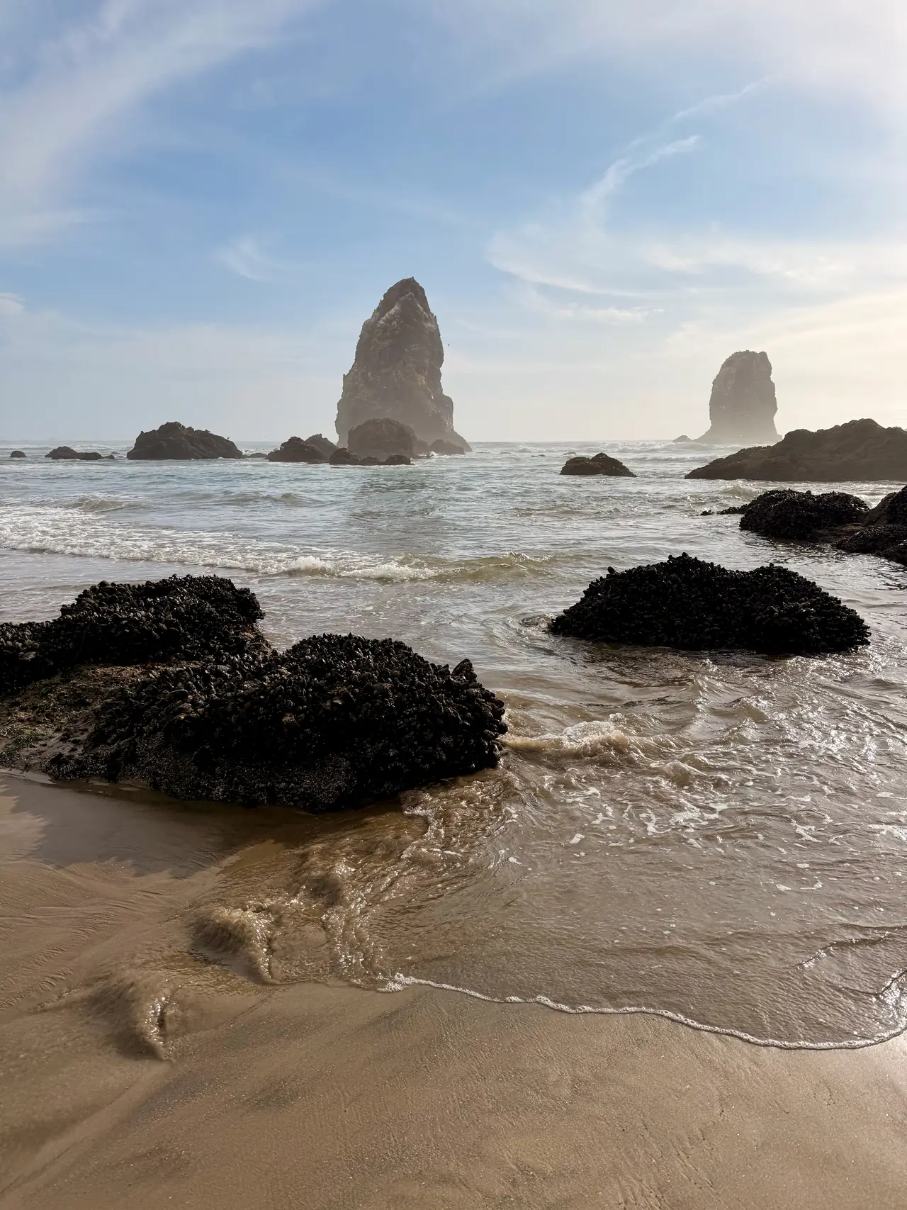 Sea stacks and wet sand at low tide on an Oregon beach