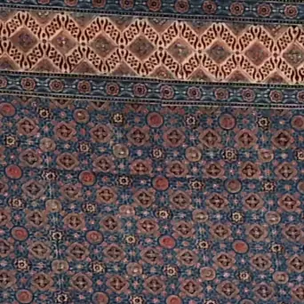 Detail of an Ajrakh textile from Kutch with blue, red, and cream geometric repeats