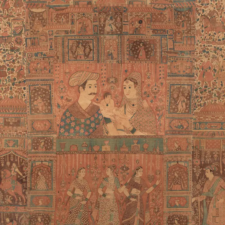 Detail of a historic Kalamkari hanging with figures, flowers, and an architectural setting